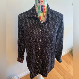 Foxcroft 100% Cotton Blue Button Down Shirt with White Wine Glass Pattern